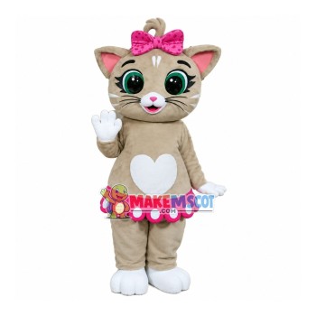 Beautiful Love Cat With Pink Bow Mascot Costume