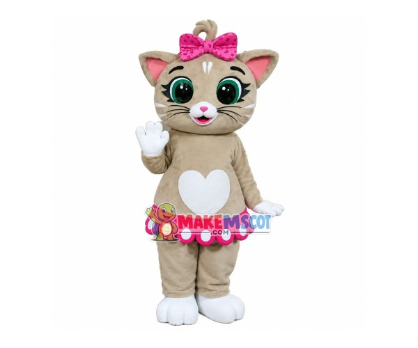 Beautiful Love Cat With Pink Bow Mascot Costume Beautiful Love Cat With Pink Bow Mascot Costume