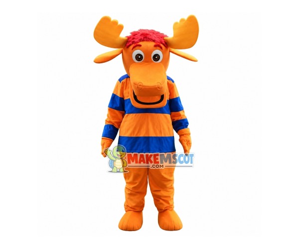 Orange Moose Wearing Striped Shirt Mascot Costume Orange Moose Wearing Striped Shirt Mascot Costume