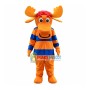 Orange Moose Wearing Striped Shirt Mascot Costume