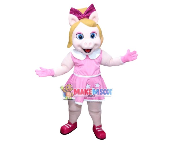 Pig Sister With Pink Princess Dress Mascot Costume Pig Sister With Pink Princess Dress Mascot Costume