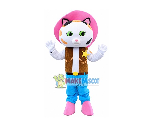 Farm Star Cat With Pink Sun Hat Mascot Costume Farm Star Cat With Pink Sun Hat Mascot Costume