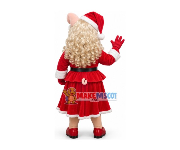 Silver-haired Mother Pig In Christmas Dress Mascot Costume Silver-haired Mother Pig In Christmas Dress Mascot Costume
