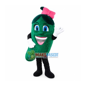 Green Eggplant With Bow Mascot Cartoon Costume Green Eggplant With Bow Mascot Cartoon Costume