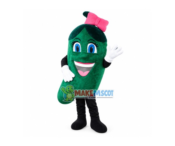 Green Eggplant With Bow Mascot Cartoon Costume Green Eggplant With Bow Mascot Cartoon Costume