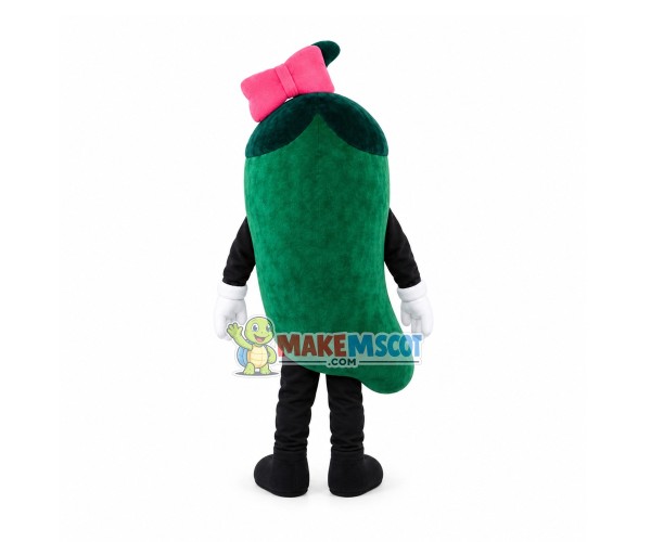 Green Eggplant With Bow Mascot Cartoon Costume Green Eggplant With Bow Mascot Cartoon Costume