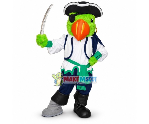 Green Grackle Pirate Holding Weapon Mascot Costume Green Grackle Pirate Holding Weapon Mascot Costume