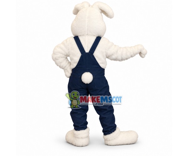 Pleased Rabbit In the Printed Overalls Mascot Costume Pleased Rabbit In the Printed Overalls Mascot Costume