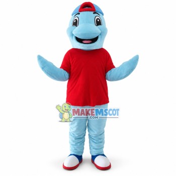 Sky Blue Dolphin In The Shirt Mascot Costume