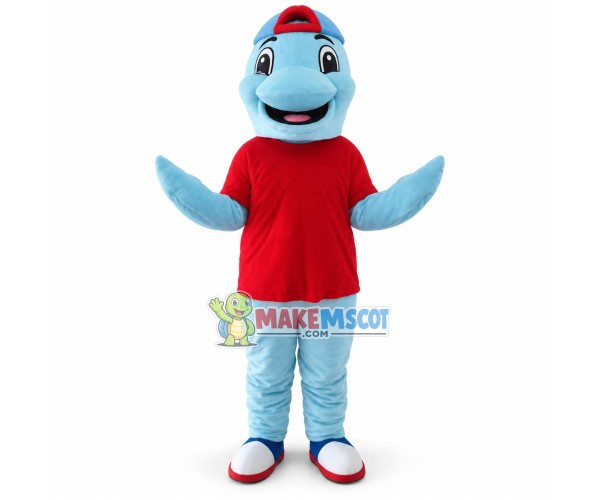 Sky Blue Dolphin In The Shirt Mascot Costume Sky Blue Dolphin In The Shirt Mascot Costume