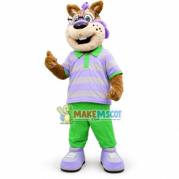 Academic Squirrel In Light Purple Polo Shirt Mascot Costume Academic Squirrel In Light Purple Polo Shirt Mascot Costume