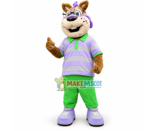 Academic Squirrel In Light Purple Polo Shirt Mascot Costume Academic Squirrel In Light Purple Polo Shirt Mascot Costume
