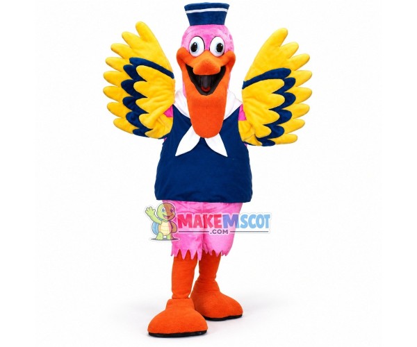 Bright Pink Bird In The Sailor Vest Mascot Costume