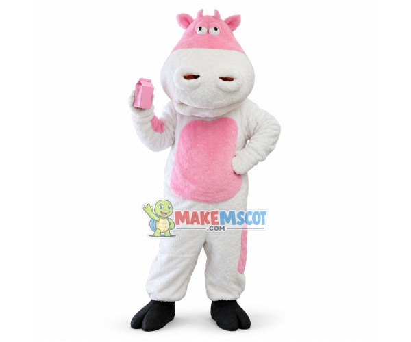 Soft Pink & White Cow Holding Milk Mascot Costume Soft Pink & White Cow Holding Milk Mascot Costume