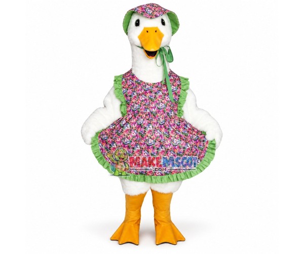 Big White Goose Wearing Flower Apron Mascot Costume Big White Goose Wearing Flower Apron Mascot Costume