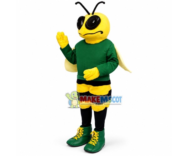 Pouting Bee In The Green Shirt Mascot Costume Pouting Bee In The Green Shirt Mascot Costume