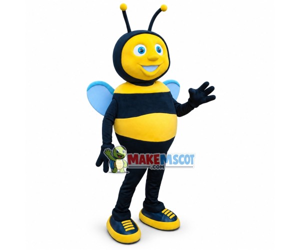 Naive Bee With Blue Wings Mascot Costume Naive Bee With Blue Wings Mascot Costume