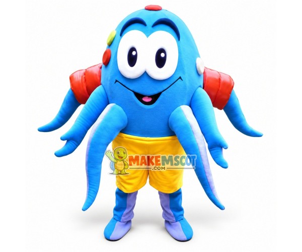 Blue Sea Octopus In Shorts Mascot Costume Blue Sea Octopus In Shorts Mascot Costume