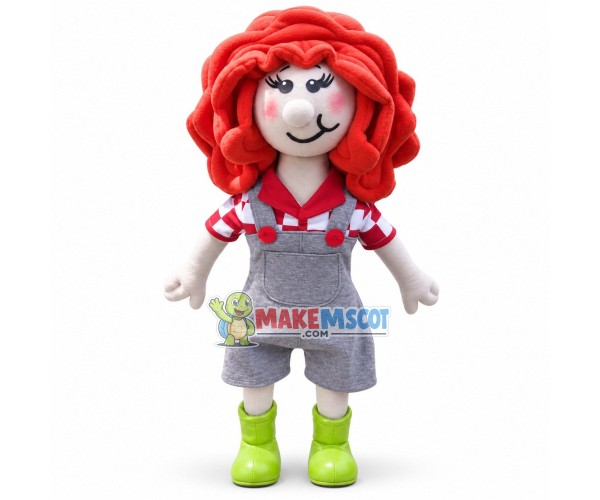 Cute Red-haired Girl Doll In Overalls Mascot Costume Cute Red-haired Girl Doll In Overalls Mascot Costume