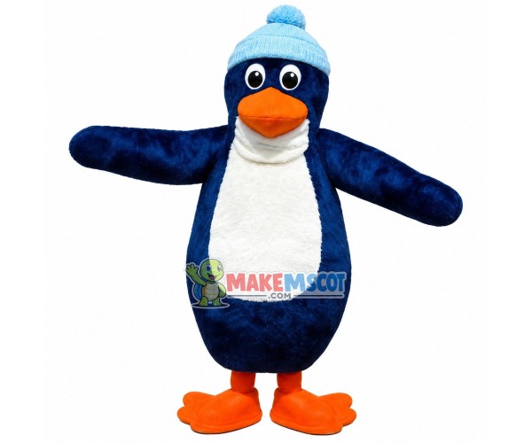 Penguin In Light Blue Knitted Hat Mascot Costume Penguin In Light Blue Knitted Hat Mascot Costume