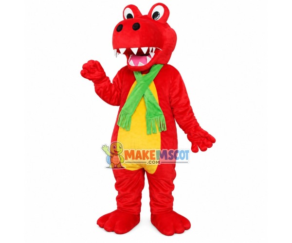 Little Red Dragon With Green Scarf Mascot Costume Little Red Dragon With Green Scarf Mascot Costume