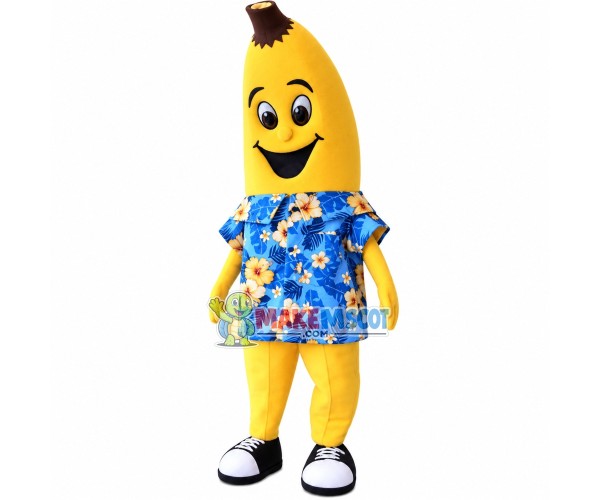 Cartoon Banana With Blue Flower Shirt Mascot Costume