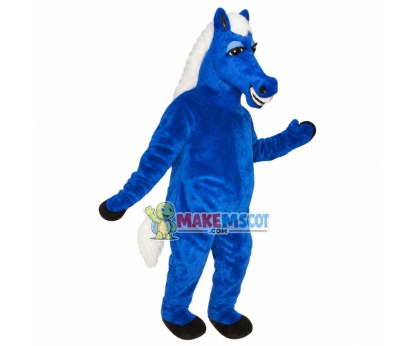 Pleased Blue Horse With White Tail Mascot Costume