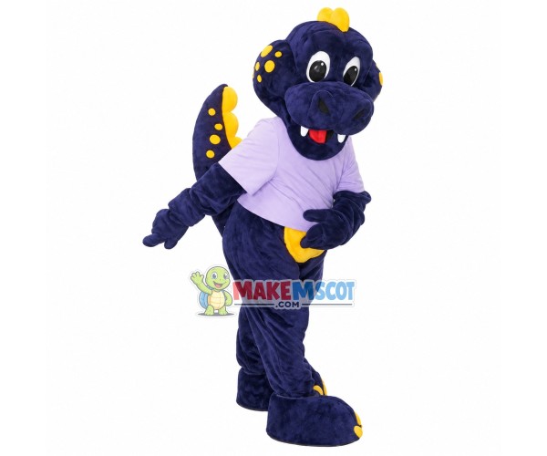 Lively Walking Dragon With Purple Shirt Mascot Costume Lively Walking Dragon With Purple Shirt Mascot Costume