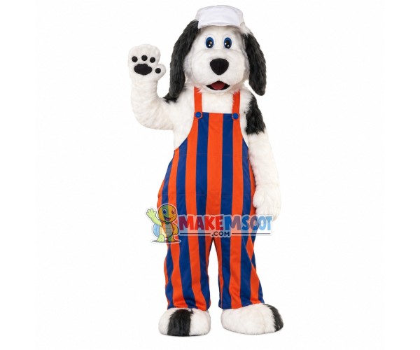Plush Dog In Striped Suspenders Mascot Costume Plush Dog In Striped Suspenders Mascot Costume