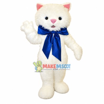 White Cat With Blue Gift Ribbon Mascot Costume White Cat With Blue Gift Ribbon Mascot Costume