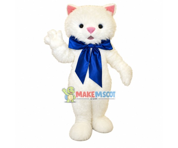 White Cat With Blue Gift Ribbon Mascot Costume White Cat With Blue Gift Ribbon Mascot Costume