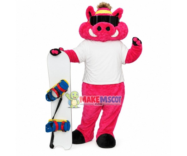 Pink Pig With Printed Skateboard Mascot Costume Pink Pig With Printed Skateboard Mascot Costume