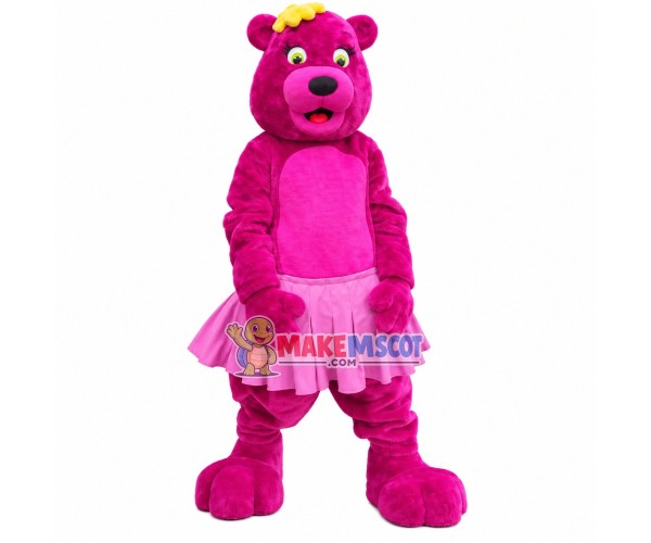 Rose Pink Bear In Pleated Skirt Mascot Costume Rose Pink Bear In Pleated Skirt Mascot Costume