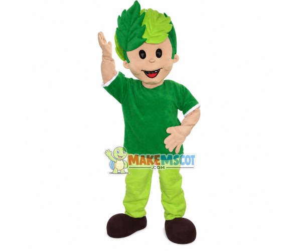 Green Boy With Leaves Hair Mascot Costume Green Boy With Leaves Hair Mascot Costume