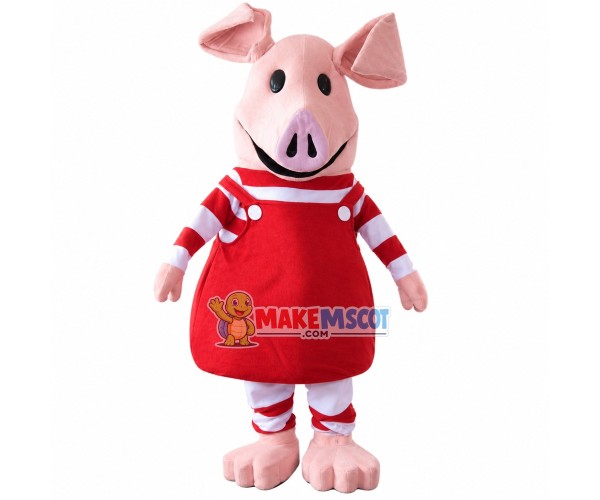 Adult Pink Pig In The Striped Shirt Mascot Costume Adult Pink Pig In The Striped Shirt Mascot Costume