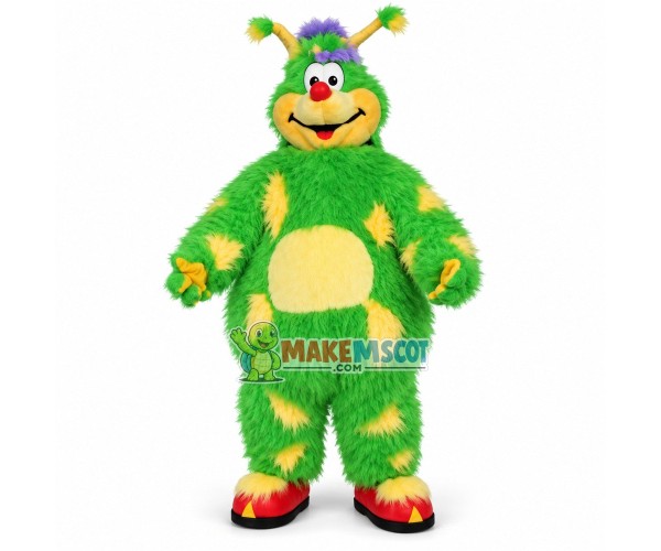 Green Hairy Monster With Long Antennas Mascot Costume Green Hairy Monster With Long Antennas Mascot Costume