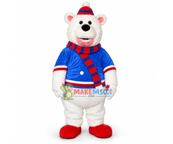 Plush Polar Bear With Knitted Scarf Mascot Costume Plush Polar Bear With Knitted Scarf Mascot Costume