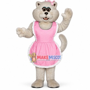 Docile Cat Wearing Pink Apron Mascot Costume Docile Cat Wearing Pink Apron Mascot Costume