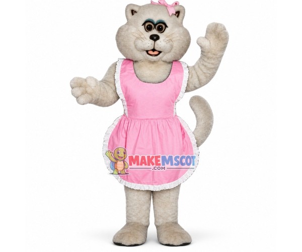 Docile Cat Wearing Pink Apron Mascot Costume Docile Cat Wearing Pink Apron Mascot Costume