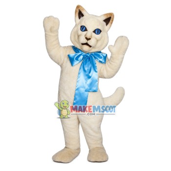 White Cat With Blue Ribbon Mascot Costume White Cat With Blue Ribbon Mascot Costume