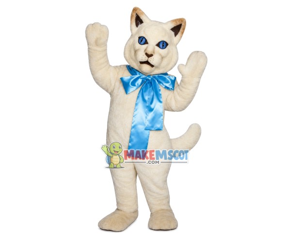 White Cat With Blue Ribbon Mascot Costume White Cat With Blue Ribbon Mascot Costume