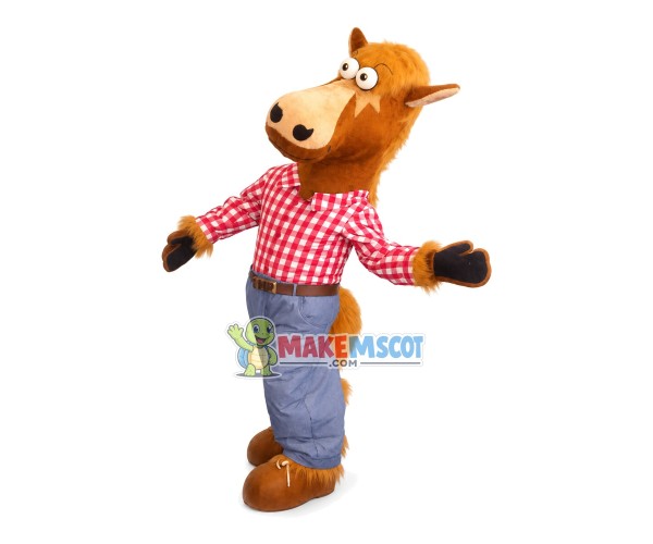 Casual Horse In Red Plaid Shirt Mascot Costume