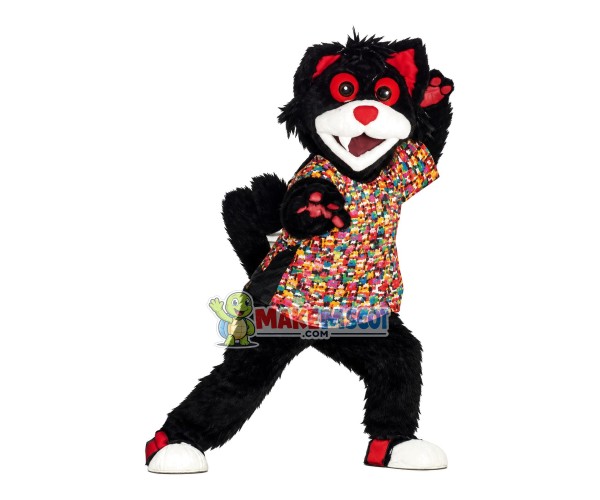 Black Cat Wearing Full Print Shirt Mascot Costume Black Cat Wearing Full Print Shirt Mascot Costume