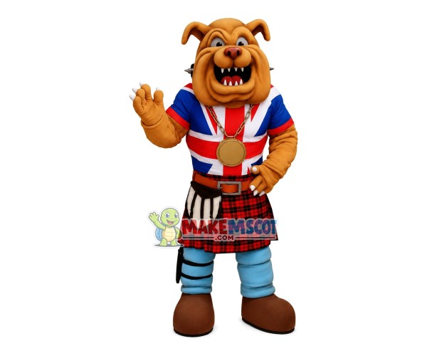 Muscular Brown Bulldog With Bronze Medal Mascot Costume Muscular Brown Bulldog With Bronze Medal Mascot Costume