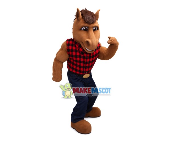 Muscular Horse In Red Plaid Vest Mascot Costume Muscular Horse In Red Plaid Vest Mascot Costume