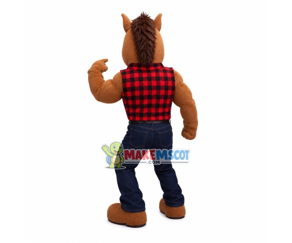 Muscular Horse In Red Plaid Vest Mascot Costume Muscular Horse In Red Plaid Vest Mascot Costume