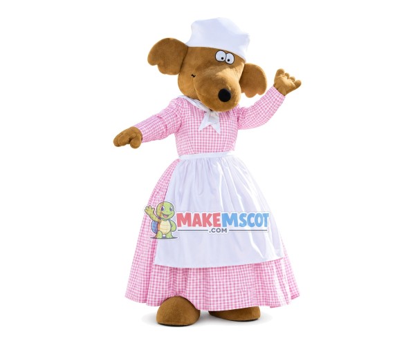 Maid Dog In Pink Plaid Dress Mascot Costume Maid Dog In Pink Plaid Dress Mascot Costume