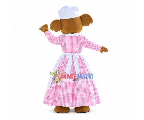 Maid Dog In Pink Plaid Dress Mascot Costume Maid Dog In Pink Plaid Dress Mascot Costume