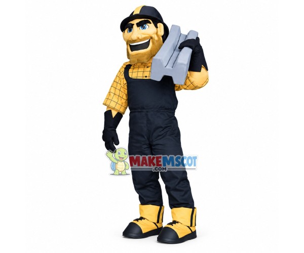 Blue-eyed Worker Carrying Brick Mascot Costume Blue-eyed Worker Carrying Brick Mascot Costume
