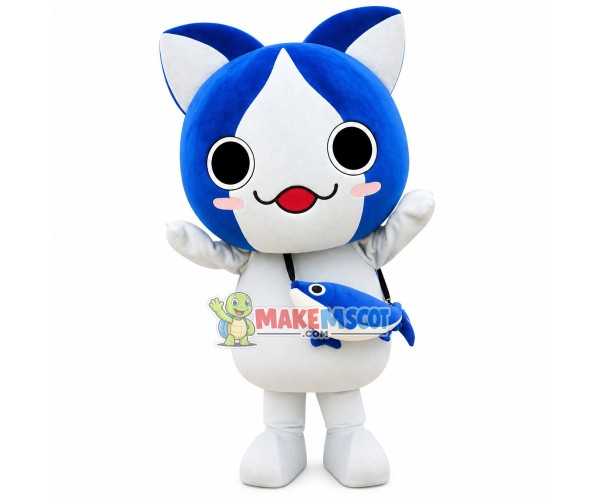 Bright Cartoon Cat Carrying Fish Bag Mascot Costume Bright Cartoon Cat Carrying Fish Bag Mascot Costume